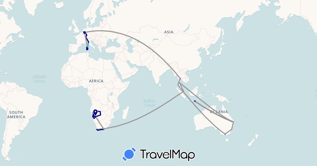 TravelMap itinerary: driving, plane, train, boat in Australia, Botswana, Germany, Indonesia, Italy, Malaysia, Namibia, Netherlands, Singapore, Thailand, South Africa (Africa, Asia, Europe, Oceania)